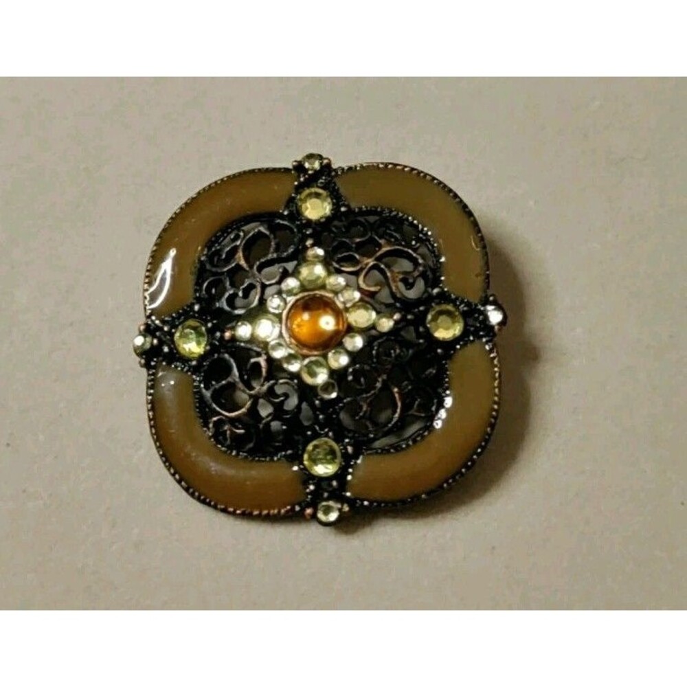 Rhinestone Enamel Green Yellow Brooch Pin  1.5" Vintage Open Scroll Metalwork